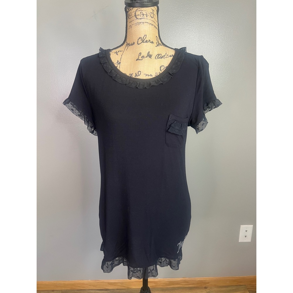 Juicy Couture Black Lace Trim Rhinestone Logo shirt large soft casual coquette